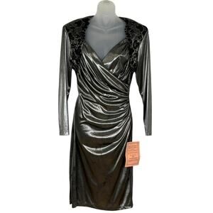 Vintage 1980s MIDNIGHT GLO Metallic Silver Lame Disco Cocktail Dress XS/S NWT